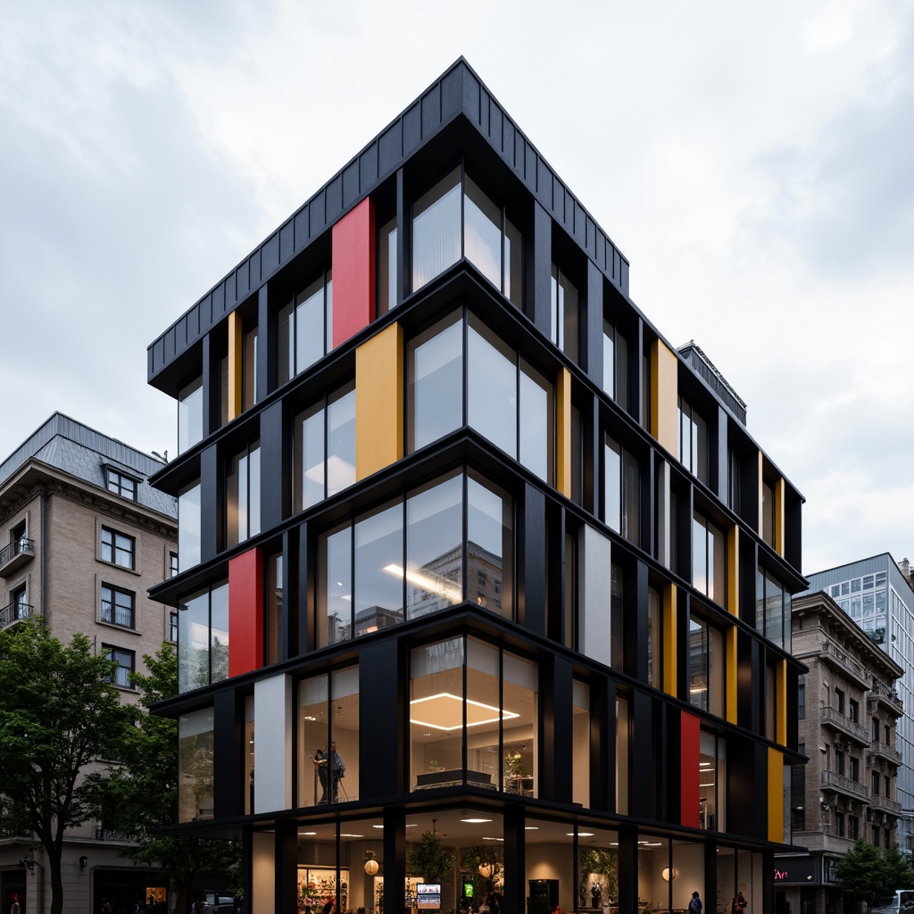 Prompt: Geometric Bauhaus building, asymmetrical facade, rectangular windows, industrial metal frames, cantilevered balconies, bold color blocking, functionalist design, minimalist ornamentation, clean lines, rectangular shapes, modern urban setting, cloudy grey sky, dramatic shadows, high contrast lighting, shallow depth of field, 2/3 composition, realistic materials, ambient occlusion.