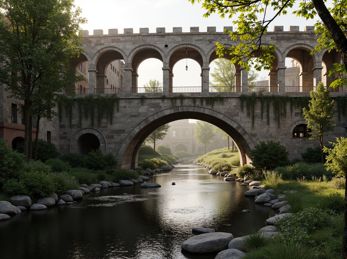 Prompt: Rustic stone bridges, semi-circular arches, robust piers, ornate carvings, medieval-inspired architecture, weathered stonework, moss-covered walls, tranquil river scenery, lush green vegetation, misty morning atmosphere, soft warm lighting, shallow depth of field, 1/2 composition, symmetrical framing, realistic textures, ambient occlusion.