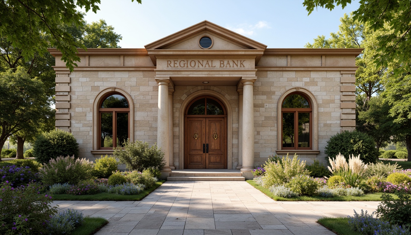 Prompt: Rustic regional bank building, stone-clad facade, earthy tone color scheme, ornate wooden doors, classical columns, arched windows, decorative stonework, lush greenery, blooming flowers, natural stone walkways, warm sunny day, soft diffused lighting, 1/2 composition, realistic textures, ambient occlusion.