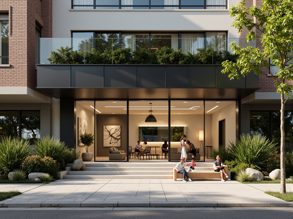 Prompt: Modern dental clinic facade, sleek glass walls, minimalist metal frames, calming greenery, natural stone accents, subtle LED lighting, angular lines, futuristic design, large windows, sliding glass doors, open waiting area, comfortable seating, warm beige tones, soft diffused lighting, shallow depth of field, 3/4 composition, realistic textures, ambient occlusion, urban cityscape, morning sunlight, gentle shadows.