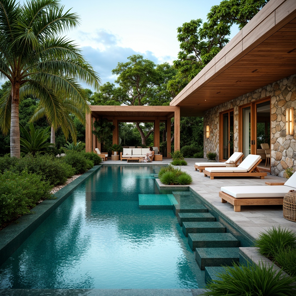 Prompt: Tropical swimming pool, lush greenery, natural ventilation systems, large windows, sliding glass doors, wooden decks, sunshade structures, tropical plants, palm trees, vibrant colors, warm lighting, shallow depth of field, 3/4 composition, panoramic view, realistic textures, ambient occlusion, rustic stone walls, earthy tones, organic shapes, curved lines, natural materials, bamboo accents, rattan furniture, woven textiles, ocean-inspired patterns.