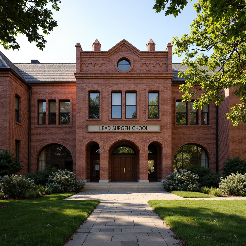 Prompt: Traditional brick fa\u00e7ade, rustic red brick tones, ornate brick patterns, Gothic-inspired arches, sturdy brick columns, educational institution atmosphere, classic high school architecture, nostalgic vibe, vintage signage, manicured lawns, mature trees, natural stone pathways, symmetrical composition, warm afternoon sunlight, soft shadows, 3/4 framing, realistic textures, ambient occlusion.