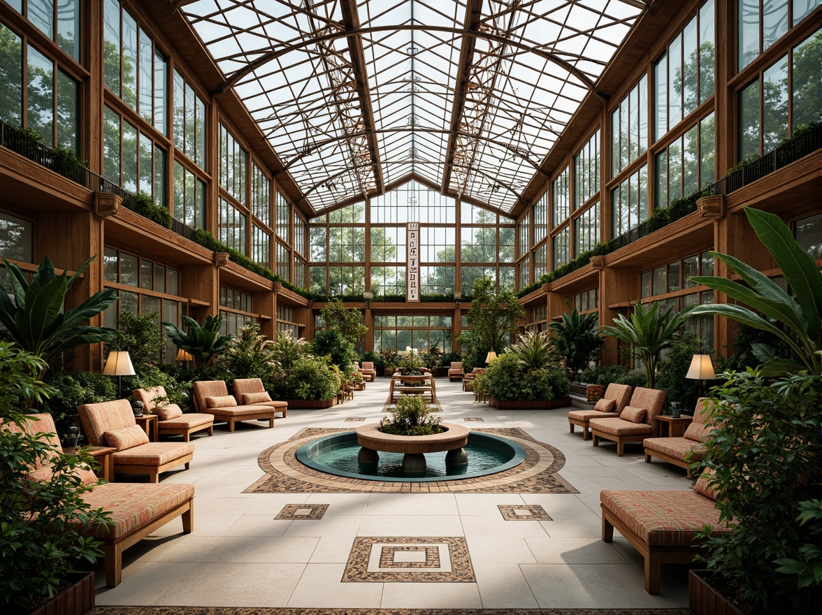 Prompt: Luxurious greenhouse interior, ornate metal frameworks, elegant glass roofs, exotic botanicals, rare foliage, vibrant flowers, polished marble floors, intricate inlays, ornamental fountains, lavish furnishings, geometric patterned textiles, metallic accents, rich wood tones, subtle warm lighting, shallow depth of field, 1/2 composition, panoramic view, realistic reflections, ambient occlusion.