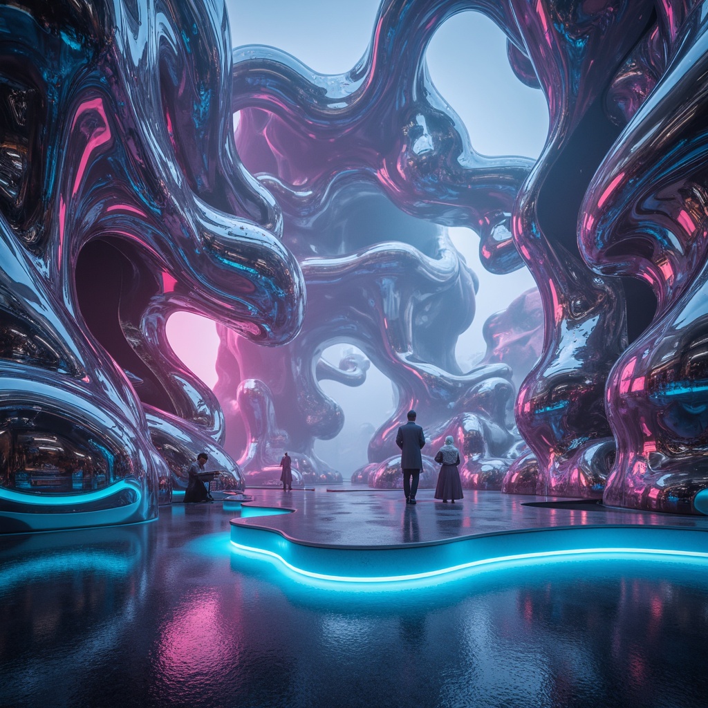 Prompt: Organic blob-like forms, iridescent glass surfaces, luminous neon-lit accents, translucent polymer walls, reflective metallic coatings, glossy resin exteriors, matte 3D-printed components, velvety soft-touch finishes, holographic patterns, prismatic color-shifting effects, undulating wavy textures, futuristic high-tech aesthetic, avant-garde architectural design, experimental material combinations, surreal dreamlike environments, atmospheric misty lighting, shallow depth of field, wide-angle lens, cinematic composition.