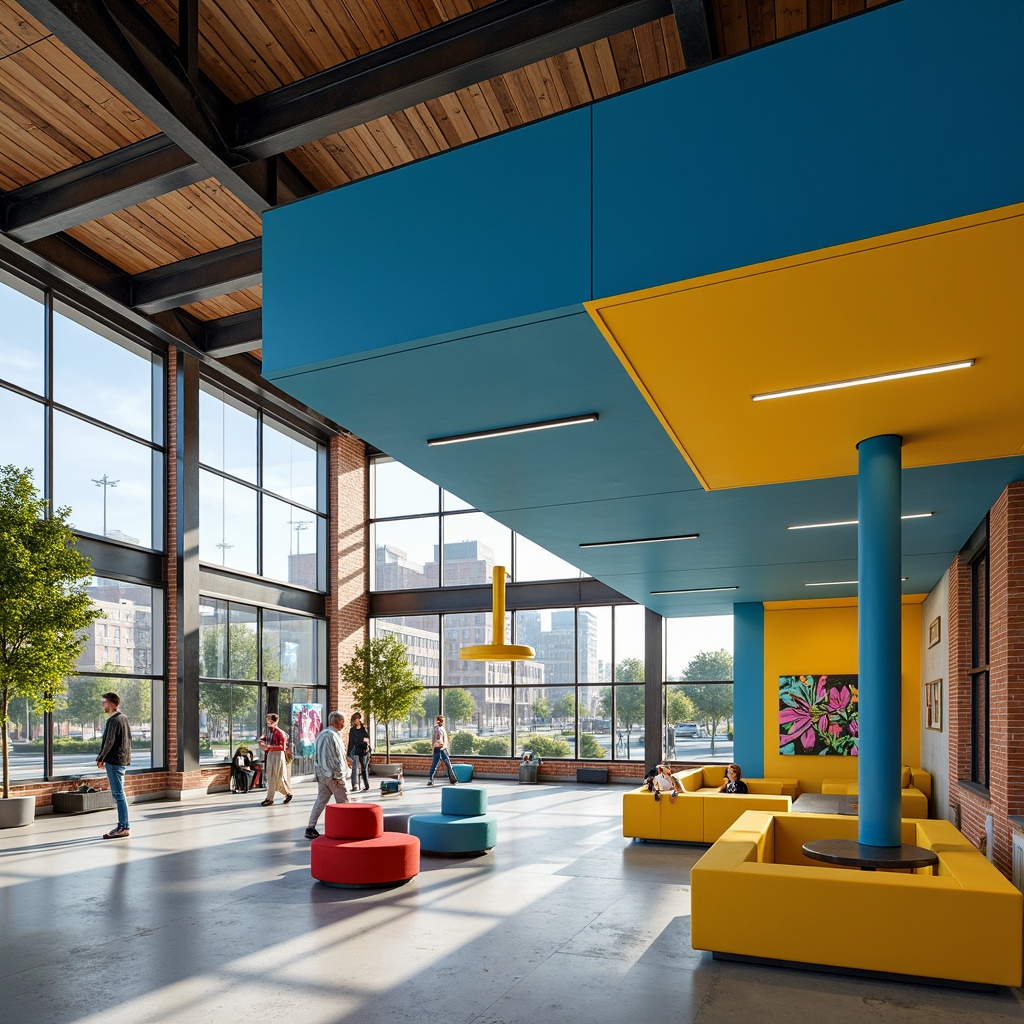 Prompt: Vibrant youth center, bold geometric shapes, primary color scheme, blue and yellow accents, industrial metal beams, exposed brick walls, modern minimalist furniture, playful graffiti murals, urban cityscape views, sunny day, soft natural lighting, shallow depth of field, 3/4 composition, realistic textures, ambient occlusion.