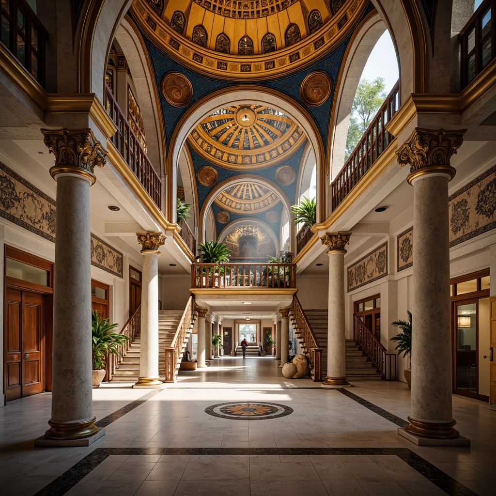 Prompt: Grandiose high school building, Byzantine-inspired architecture, majestic arches, ornate columns, intricate stone carvings, vibrant mosaic patterns, golden domes, grand entrance hallways, sweeping staircases, richly textured walls, polished marble floors, warm atmospheric lighting, soft focus blur, 1/2 composition, symmetrical framing, realistic architectural details.