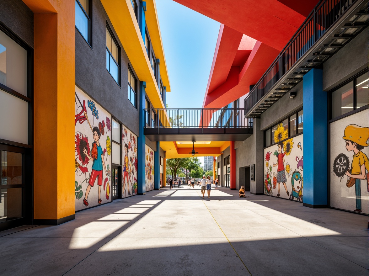 Prompt: Vibrant youth center, constructivist architecture, bold geometric shapes, bright primary colors, dynamic diagonal lines, abstract murals, industrial materials, exposed ductwork, polished concrete floors, metal beams, urban cityscape, sunny day, high contrast lighting, shallow depth of field, 2/3 composition, symmetrical framing, realistic textures, ambient occlusion.