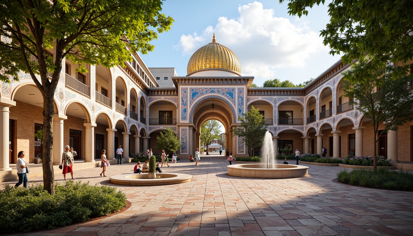 Prompt: Vibrant high school courtyard, intricate mosaic floors, Byzantine-inspired architecture, ornate arches, golden domes, colorful glass tiles, richly patterned walls, educational murals, inspirational quotes, natural stone columns, ornamental fountains, lush greenery, warm sunny day, soft diffused lighting, shallow depth of field, 3/4 composition, panoramic view, realistic textures, ambient occlusion.