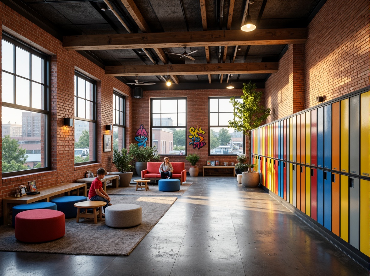 Prompt: Vibrant youth center, exposed brick walls, industrial metal beams, reclaimed wood accents, polished concrete floors, neon-colored lockers, playful graffiti murals, eclectic furniture arrangements, cozy reading nooks, natural stone benches, urban cityscape views, warm afternoon lighting, shallow depth of field, 1/2 composition, realistic textures, ambient occlusion.