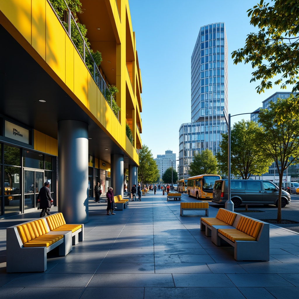 Prompt: Vibrant bus terminal, modern architecture, bold color scheme, bright yellow accents, deep blue tones, sleek metal benches, urban cityscape, morning commute, soft natural lighting, shallow depth of field, 1/2 composition, realistic textures, ambient occlusion.