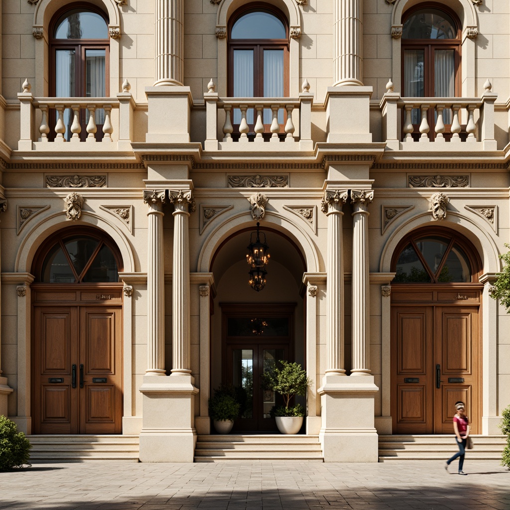 Prompt: Grandiose building facade, ornate columns, intricately carved capitals, fluted shafts, classical entablature, arched windows, pedimented doors, ornamental friezes, sculptural details, symmetrical composition, richly textured stone, creamy marble, warm beige tones, soft natural lighting, subtle shading, atmospheric perspective, 1/1 composition, realistic reflections, ambient occlusion.