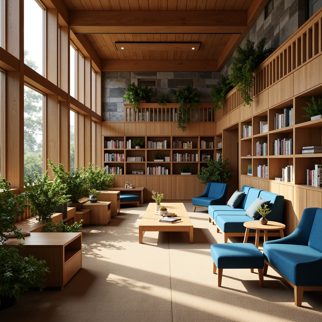 Prompt: Cozy library atmosphere, warm wood tones, earthy brown shelves, soft beige carpets, calming blue accents, vibrant greenery, natural stone walls, comfortable reading nooks, minimalist modern furniture, warm task lighting, ambient occlusion, 1/1 composition, realistic textures, serene ambiance.