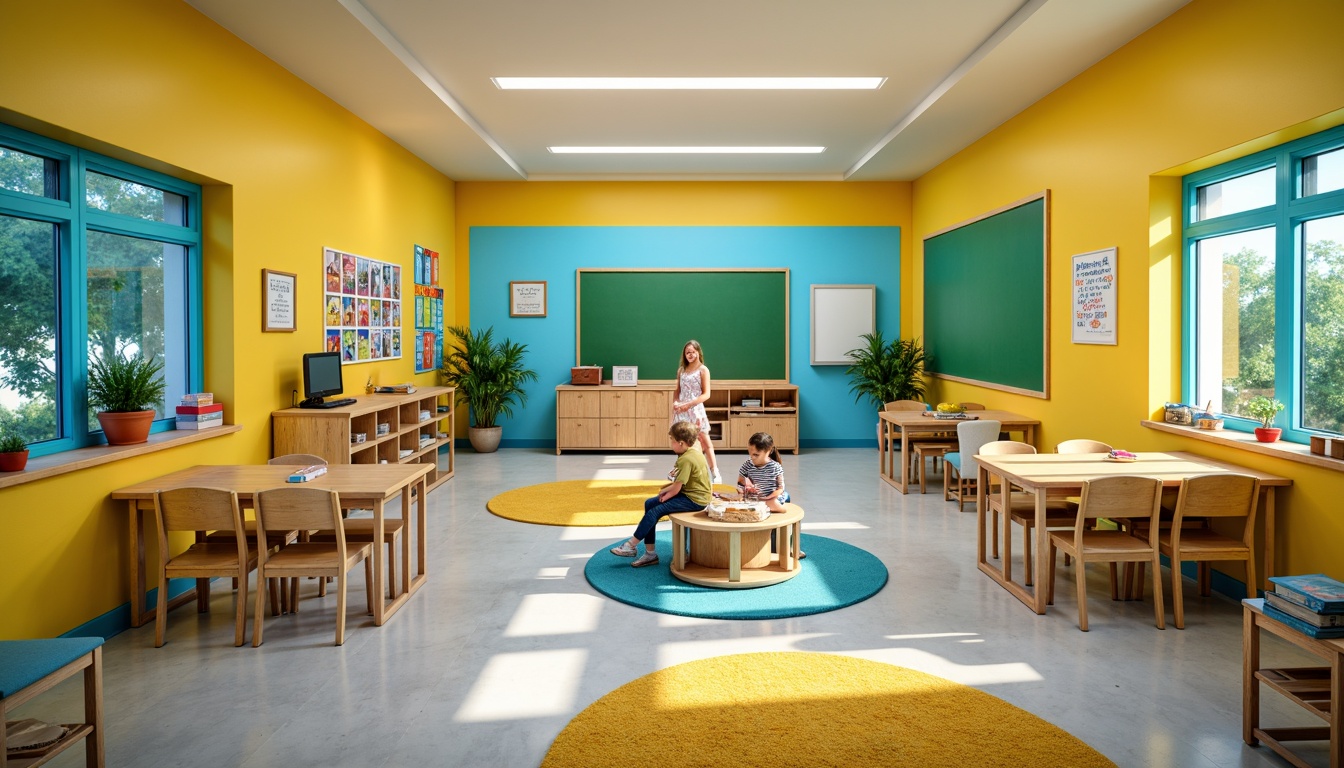 Prompt: Vibrant elementary school, playful color schemes, bright yellow walls, turquoise blue accents, green chalkboards, wooden desks, ergonomic chairs, interactive whiteboards, educational posters, colorful rugs, natural light, large windows, modern architecture, curved lines, stimulating atmosphere, shallow depth of field, 1/1 composition, realistic textures, ambient occlusion.