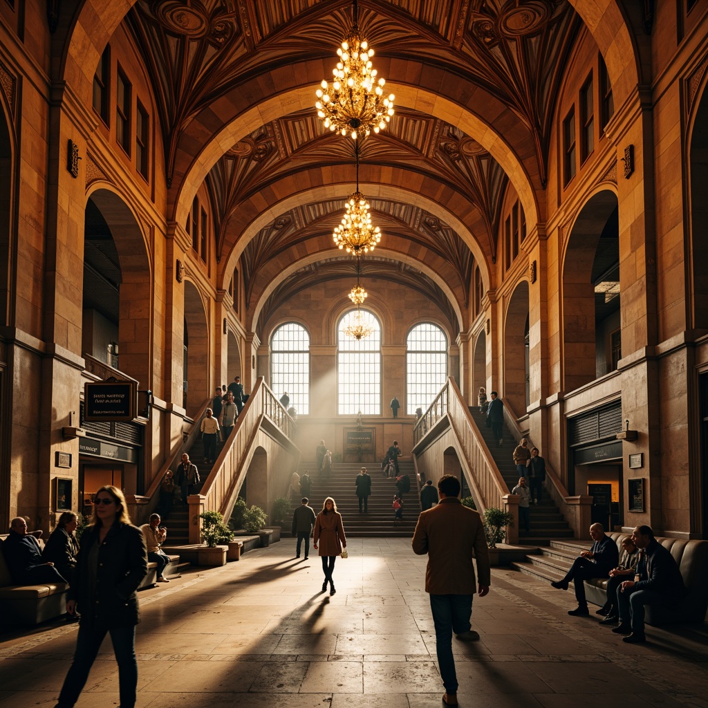 Prompt: Grandiose metro station, Romanesque archways, vaulted ceilings, ornate columns, intricate stone carvings, majestic grand staircases, elegant chandeliers, warm golden lighting, rich terracotta tones, distressed stone textures, vintage signage, bustling pedestrian traffic, morning rush hour atmosphere, shallow depth of field, 1/2 composition, dramatic shadows, cinematic mood.