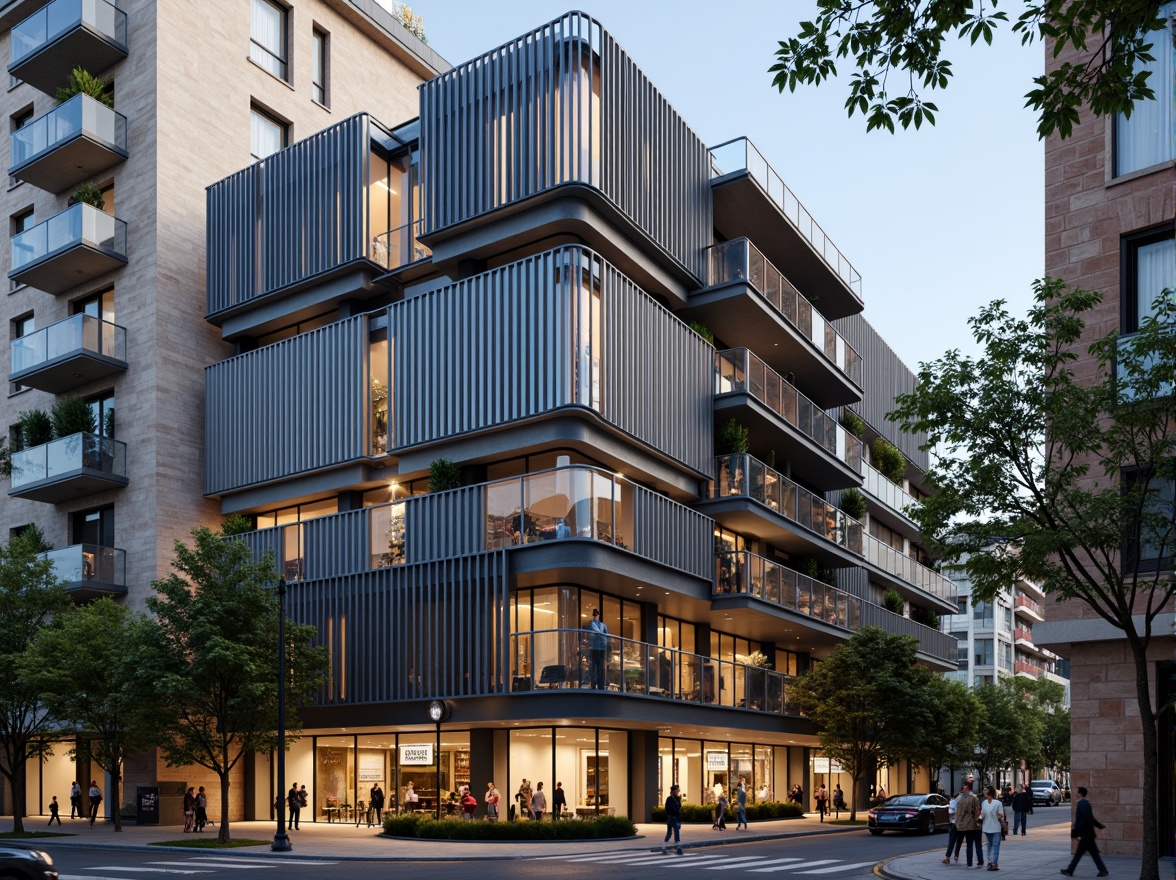 Prompt: Geometric facade, asymmetrical composition, primary color scheme, industrial materials, steel frames, glass bricks, cantilevered balconies, horizontal windows, minimalist ornamentation, functional simplicity, clean lines, rectangular forms, abstract patterns, urban context, busy street scene, modern cityscape, dramatic lighting, high contrast, 3/4 composition, shallow depth of field.