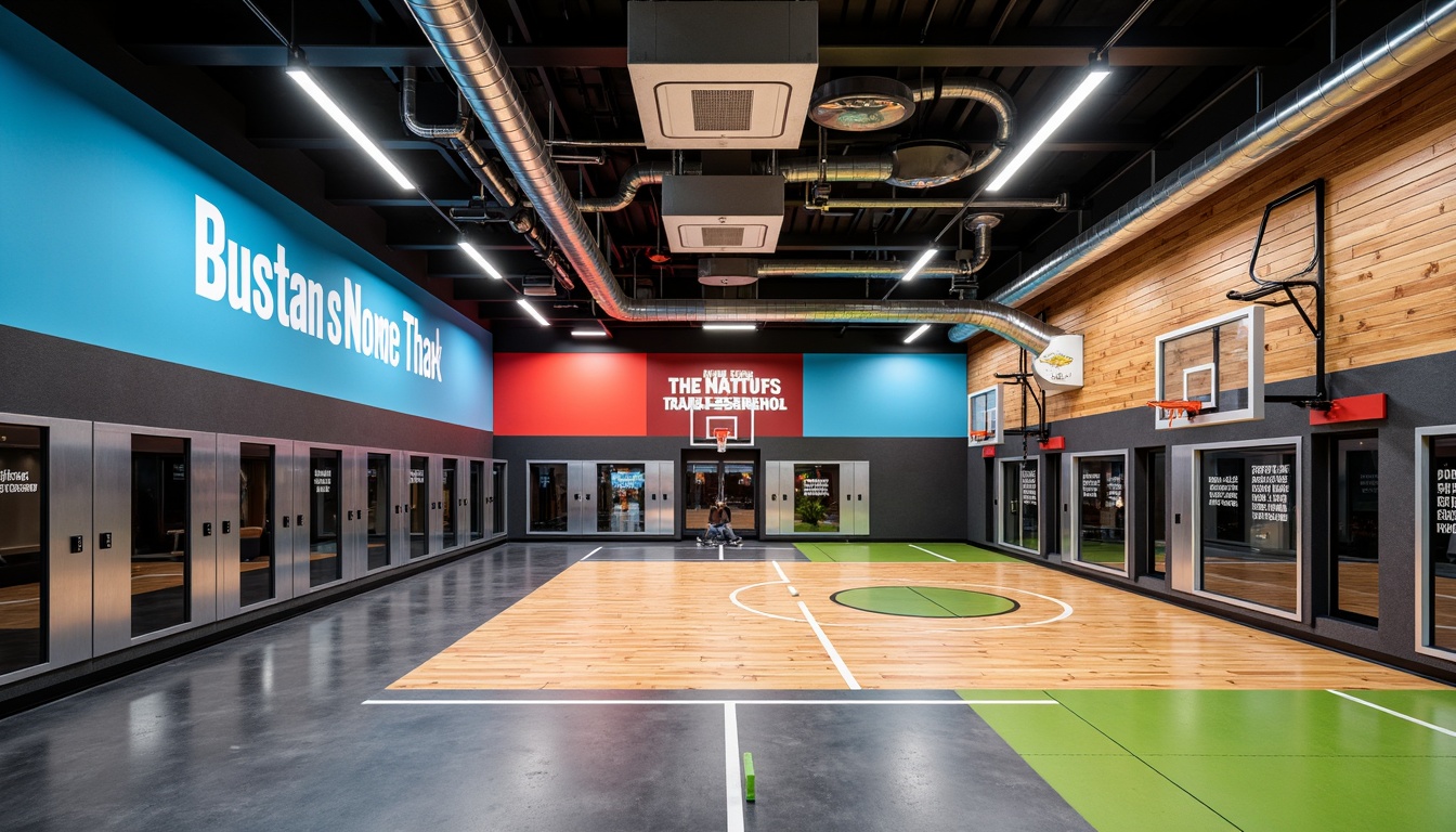 Prompt: Vibrant gym interior, bold color scheme, dynamic sports flooring, modern athletic equipment, sleek metal lockers, glass backboards, basketball hoops, motivational quotes, energetic lighting, shallow depth of field, 1/1 composition, wide-angle lens, realistic textures, ambient occlusion, bright blue walls, warm wood accents, deep red tones, fresh green hues, metallic silver trim, industrial-style ventilation, exposed ductwork, polished concrete floors.