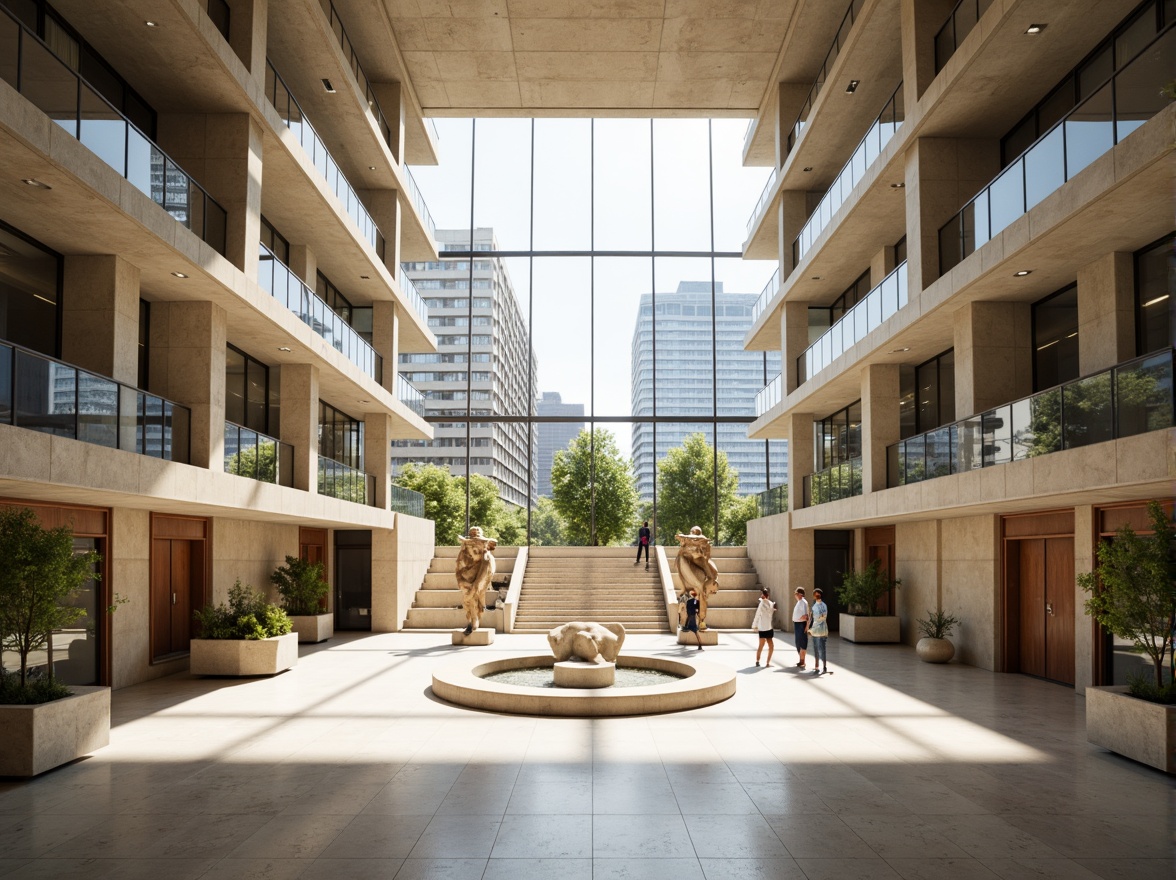 Prompt: Grand atrium, high ceilings, natural light pouring in, sleek marble floors, modernist architecture, postmodern courthouse building, cantilevered staircases, open balconies, minimalist decor, abstract sculptures, large windows, glass railings, urban cityscape view, bright sunny day, soft warm lighting, shallow depth of field, 3/4 composition, panoramic view, realistic textures, ambient occlusion.