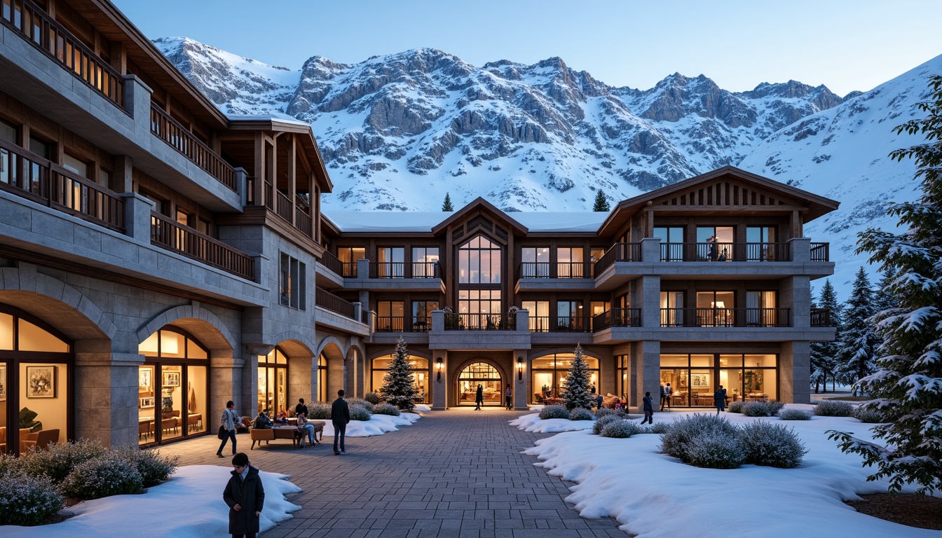 Prompt: Grand ski resort, snow-capped mountains, luxurious amenities, elegant neoclassical facade, symmetrical composition, ornate columns, grand arches, carved stone details, rustic wooden accents, metal rooflines, subtle snowflake patterns, frosty glass windows, warm golden lighting, inviting entranceways, lavish furnishings, rich wood tones, plush textiles, ornate chandeliers, 1/1 composition, shallow depth of field, realistic textures, ambient occlusion.