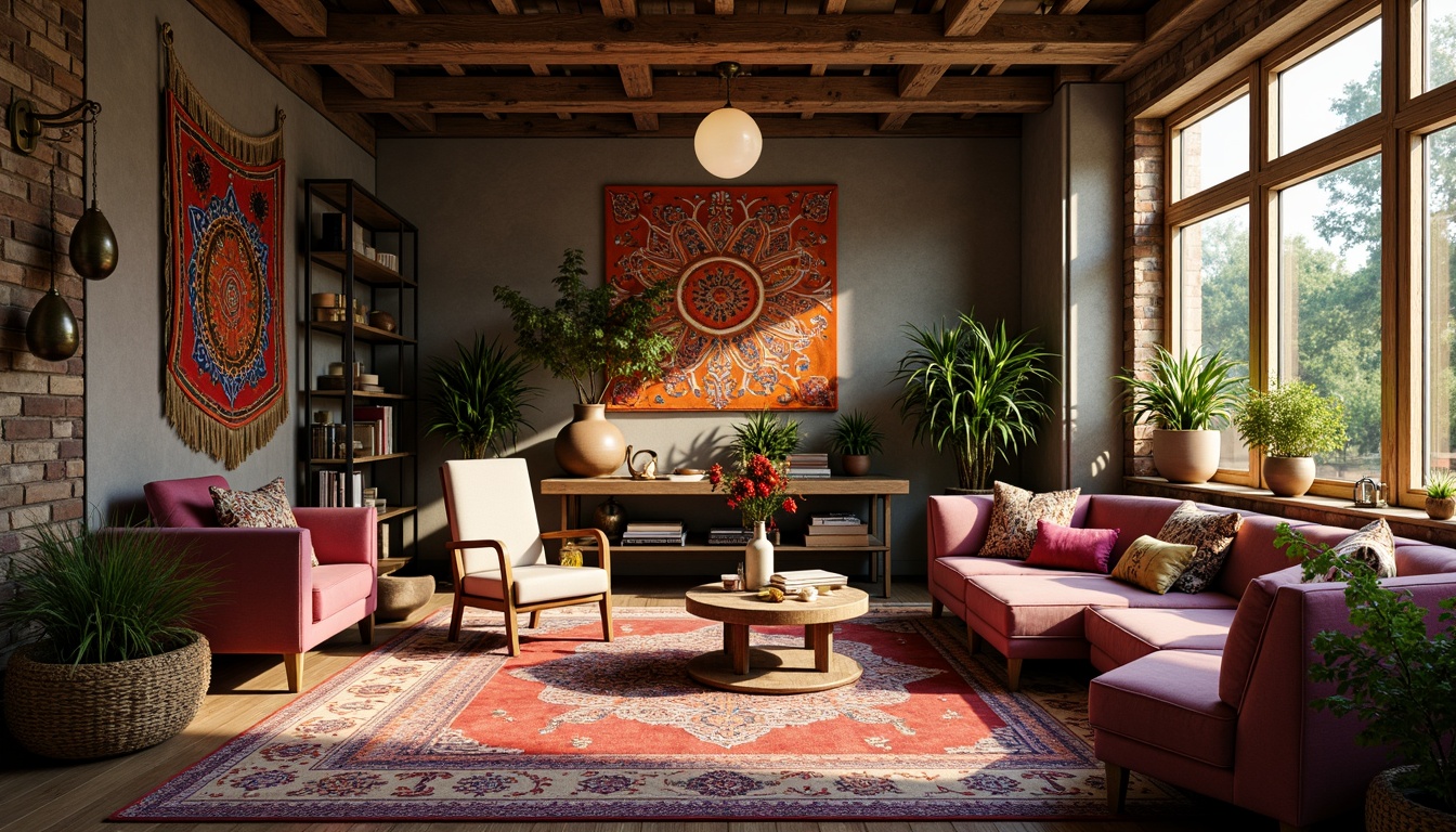 Prompt: Vibrant eclectic interior, mix-and-match furniture pieces, bold color palette, patterned rugs, statement lighting fixtures, ornate decorative accents, distressed wood textures, industrial metal elements, bohemian-inspired tapestries, lush greenery, abstract artwork, unconventional decor arrangements, cozy reading nooks, rustic wooden shelves, plush velvet fabrics, warm golden lighting, 1/2 composition, shallow depth of field, cinematic color grading.