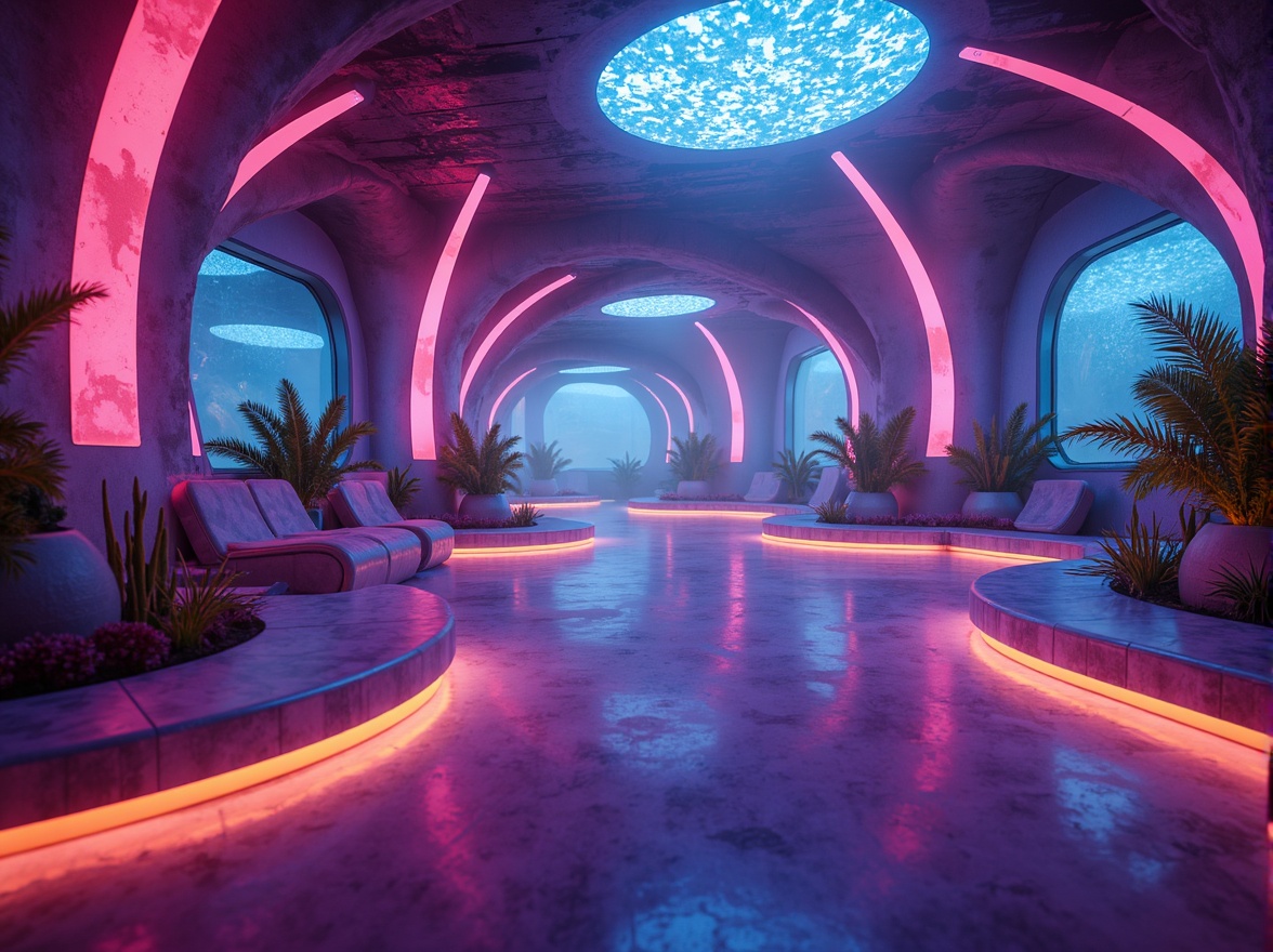 Prompt: Vibrant neon hues, glowing accents, iridescent sheen, reflective metallic surfaces, luminous orbs, translucent globes, futuristic architecture, curved lines, amoeba-shaped structures, undulating forms, atmospheric lighting, misty ambiance, shallow depth of field, 1/1 composition, soft focus, dreamy quality.