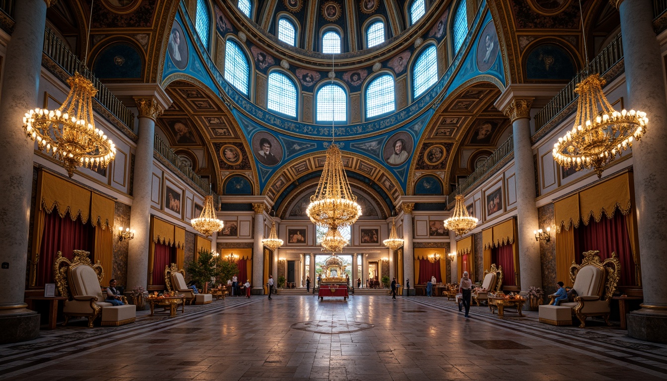 Prompt: \Majestic Byzantine church, azure domes, golden accents, intricate mosaics, ornate frescoes, marble columns, rich tapestries, lavish furnishings, regal thrones, sparkling chandeliers, stained glass windows, warm candlelight, dramatic shadows, 3/4 composition, symmetrical architecture, high dynamic range, detailed textures, ambient occlusion.\