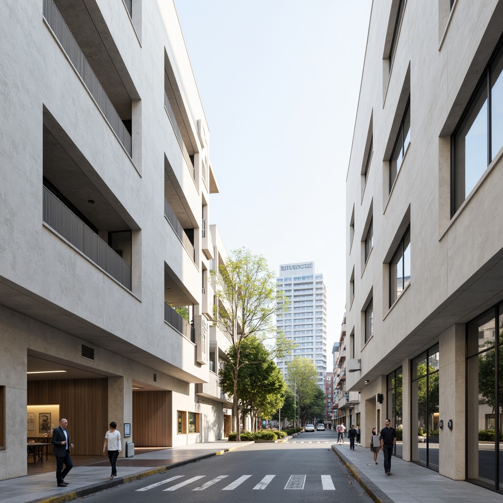 Prompt: Clean white facades, minimal ornamentation, subtle branding, neutral color palette, natural stone accents, large glass windows, sliding doors, simple signage, open-air corridors, exposed ductwork, industrial-chic lighting, airy atmosphere, shallow depth of field, 1/1 composition, symmetrical balance, modern typography, urban cityscape, busy streets, morning sunlight, soft shadows, realistic textures, ambient occlusion.