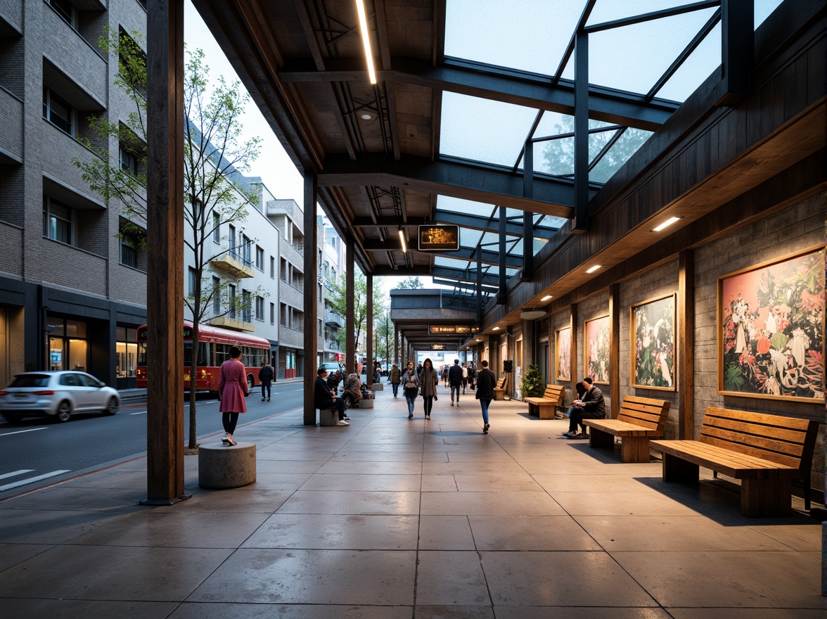 Prompt: Rustic bus station, industrial metal framework, polished concrete floors, wooden benches, vibrant urban artwork, transparent glass roofs, natural stone walls, cantilevered canopies, modern LED lighting, dynamic angular lines, brutalist architecture, functional design, busy city streets, morning rush hour, soft diffused lighting, shallow depth of field, 2/3 composition, realistic textures, ambient occlusion.