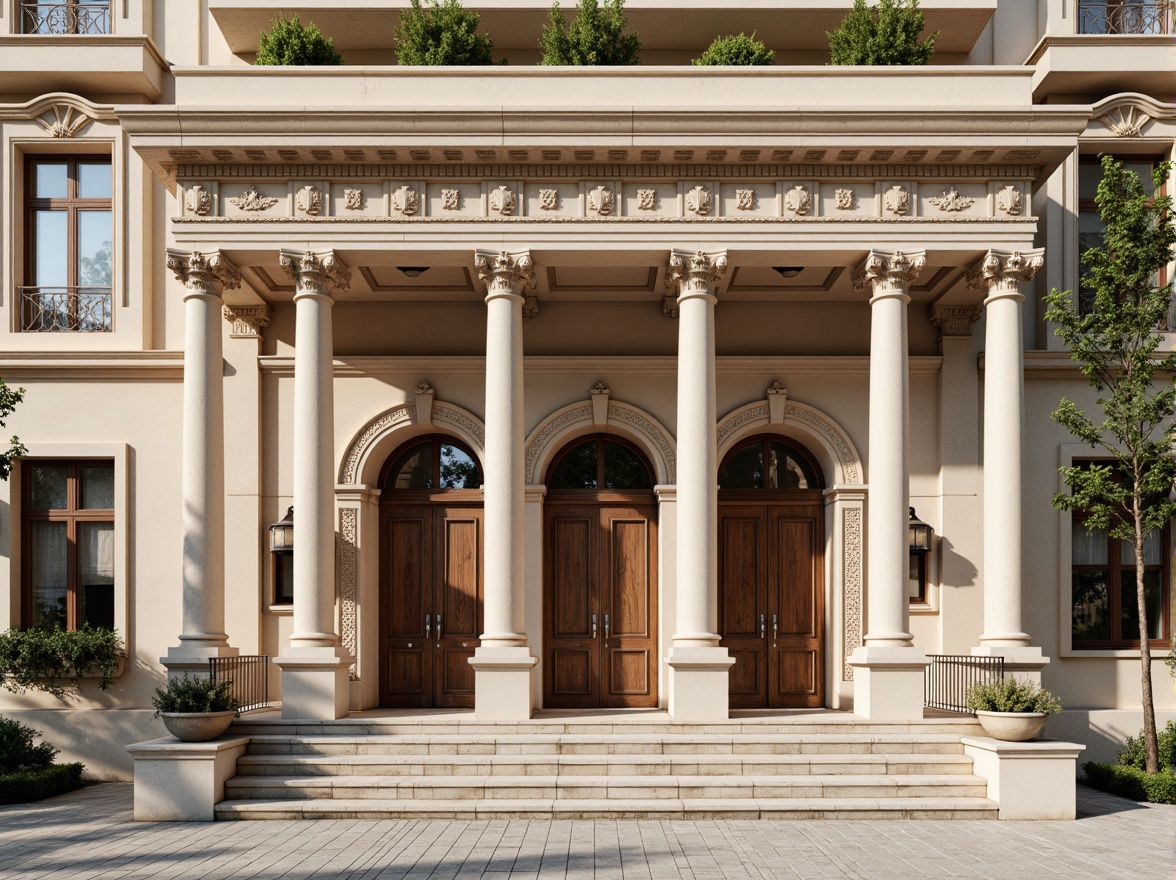 Prompt: Grand neoclassical facade, ornate columns, intricately carved capitals, symmetrical composition, balanced proportions, rusticated base, arched windows, ornate doorways, decorative pediments, classical entablature, ionic pilasters, sculpted reliefs, subtle color palette, warm beige tones, subtle texture variations, soft natural lighting, shallow depth of field, 1/2 composition, realistic materials, ambient occlusion.