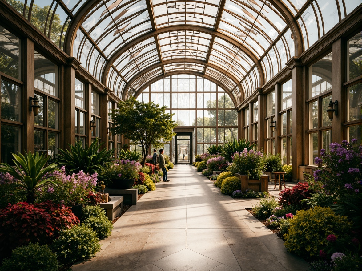 Prompt: Elegant greenhouse, geometric metal framework, ornate glass panels, curved lines, zigzag motifs, luxurious vegetation, exotic plants, tropical flowers, warm natural light, soft misting, subtle shadows, 3/4 composition, symmetrical architecture, metallic accents, bronze fixtures, marble floors, decorative ironwork, stylized foliage patterns, sunburst designs, chevron details, lavish ornamentation, opulent materials.