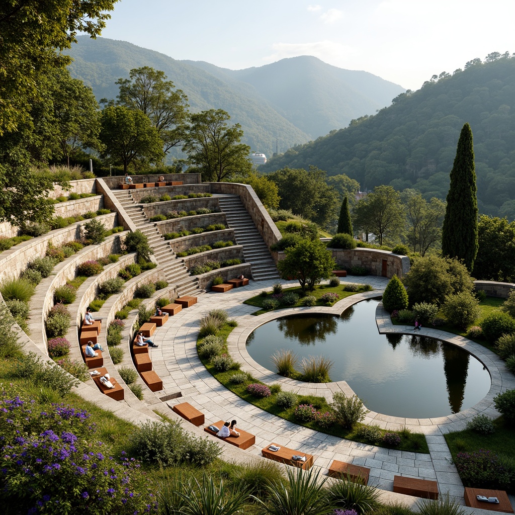 Prompt: Curved amphitheater seating, lush green hills, natural stone walls, wooden benches, scenic overlooks, meandering pathways, vibrant wildflowers, tranquil water features, reflective pools, tiered landscaping, rustic stone pavers, organic architecture, earthy tones, soft warm lighting, shallow depth of field, 3/4 composition, panoramic view, realistic textures, ambient occlusion.