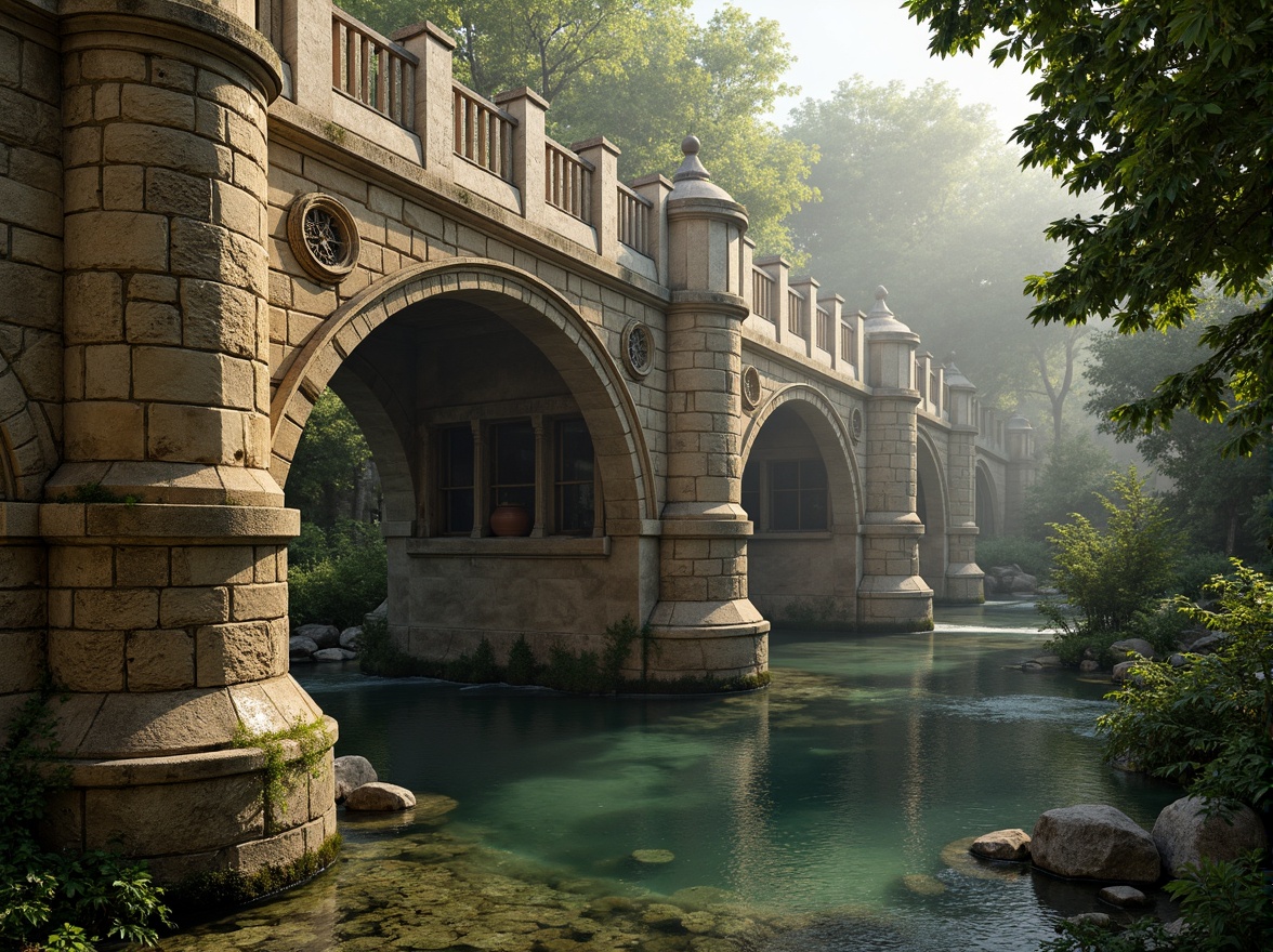 Prompt: Rustic stone bridges, medieval arches, robust pillars, ornate carvings, intricate stonework, weathered coping stones, moss-covered walls, serene riverbanks, lush greenery, warm sunlight, soft misty atmosphere, shallow depth of field, 3/4 composition, realistic textures, ambient occlusion.Please let me know if this meets your requirements!