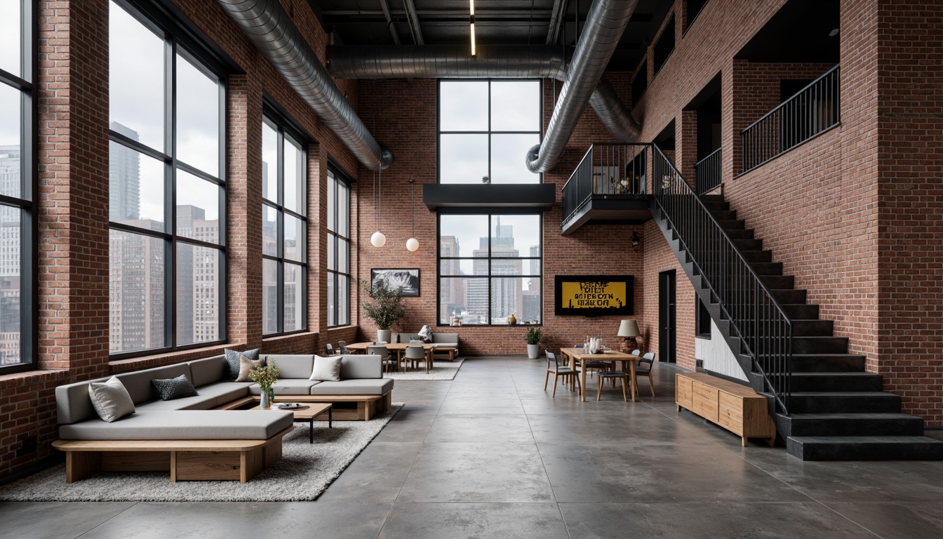 Prompt: Exposed brick walls, industrial steel beams, functional pipes, minimalist decor, monochromatic color scheme, bold typography, geometric shapes, raw concrete floors, metal staircase, reclaimed wood accents, urban cityscape, cloudy grey sky, soft diffused lighting, shallow depth of field, 1/1 composition, realistic textures, ambient occlusion.