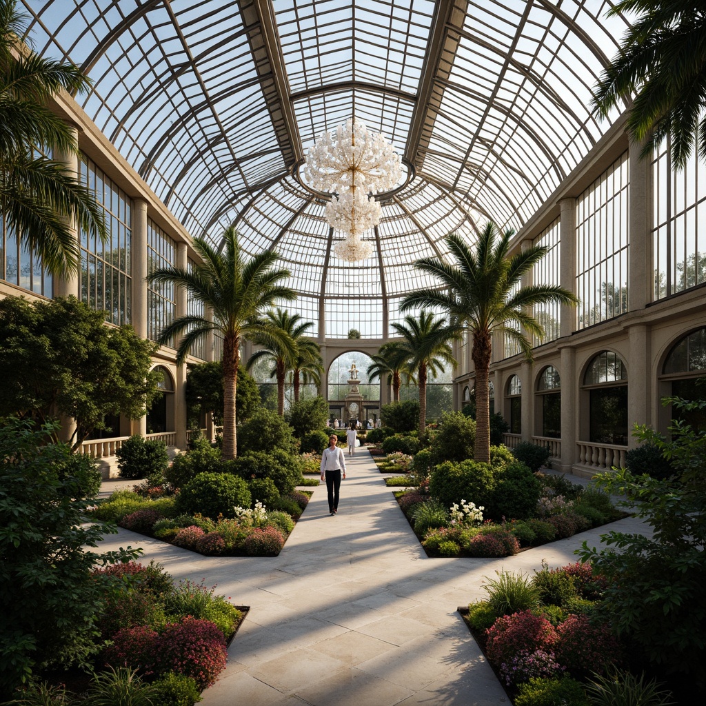 Prompt: Geometric metal frames, ornate glass roofs, luxurious botanical gardens, exotic plant species, symmetrical walkways, decorative fountains, opulent chandeliers, curved lines, zigzag patterns, metallic accents, chrome finishes, geometric shapes, lavish ornamentation, rich textures, vintage charm, soft natural lighting, warm ambiance, 1/1 composition, realistic reflections, subtle color palette.