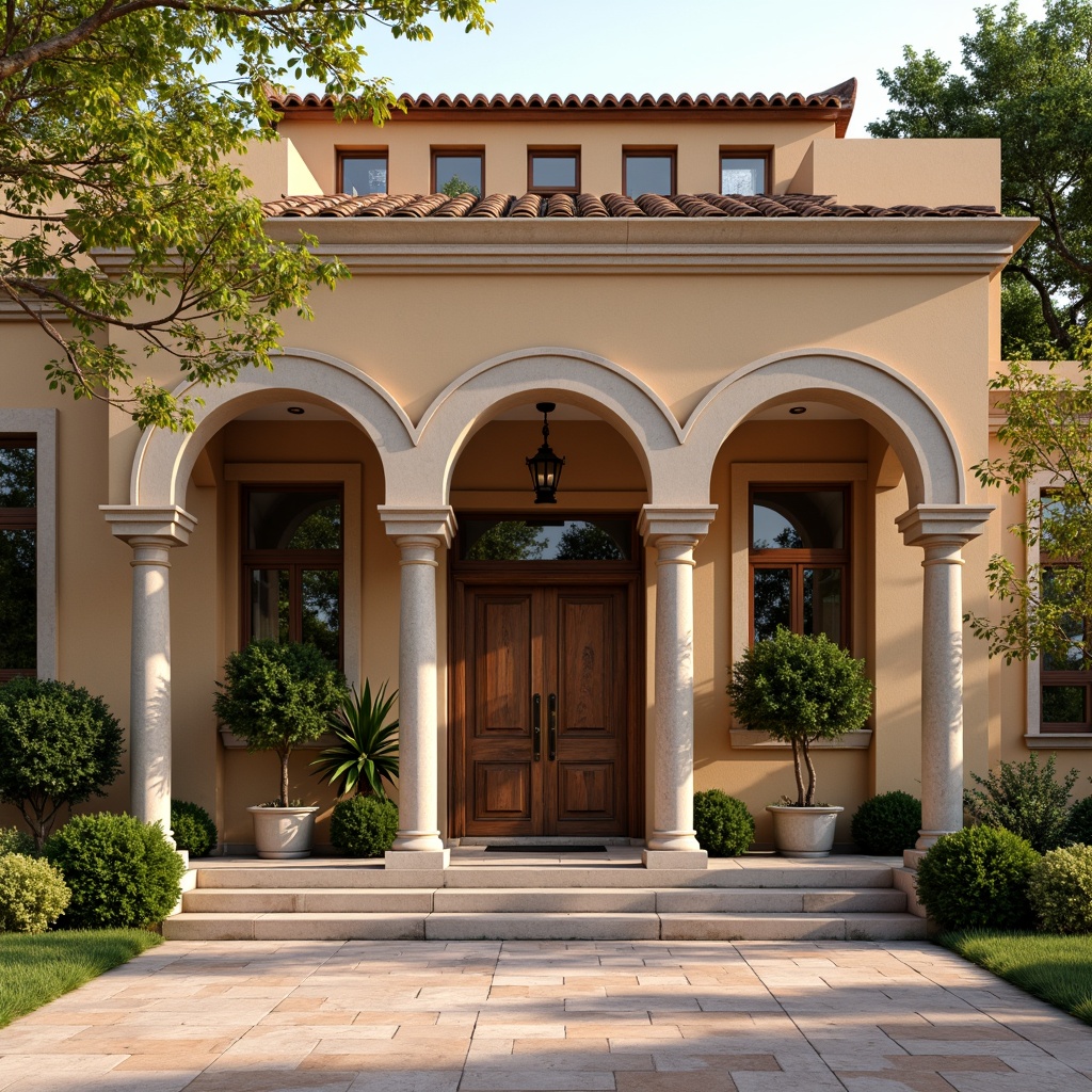 Prompt: Regional bank facade, earthy tones, natural stone walls, wooden accents, traditional ornate details, grand entrance, symmetrical composition, classical columns, arched windows, bronze door handles, warm beige stucco, rustic roof tiles, lush greenery, blooming flowers, sunny day, soft warm lighting, shallow depth of field, 3/4 composition, realistic textures, ambient occlusion.