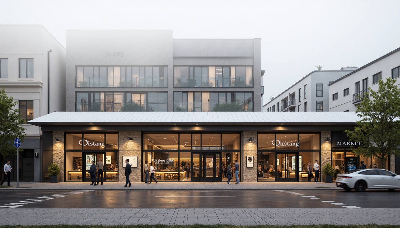 Prompt: Minimalist market facade, neutral color palette, clean lines, flat roofs, industrial metal frames, large glass windows, natural stone walls, wooden accents, subtle branding signage, urban cityscape, morning misty atmosphere, soft diffused lighting, shallow depth of field, 1/1 composition, realistic textures, ambient occlusion.Please let me know if this meets your expectations!