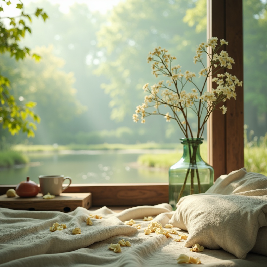 Prompt: Soft celadon hues, gentle misty atmosphere, serene natural scenery, delicate flower petals, subtle watercolor textures, creamy whites, pale blues, muted greens, earthy terracotta tones, rustic wooden accents, vintage distressed finishes, warm golden lighting, shallow depth of field, 1/1 composition, intimate close-ups, realistic fabric simulations, ambient occlusion.