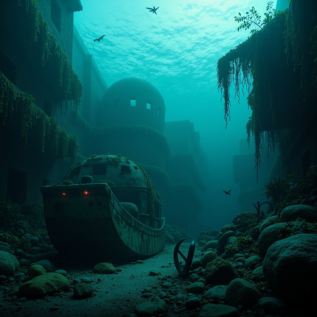 Prompt: Mysterious underwater scene, dark cyan hues, eerie glow, bioluminescent creatures, wavy seaweed, coral reefs, mysterious shipwrecks, abandoned treasures, rusty anchors, foggy mist, soft ambient lighting, shallow depth of field, 1/1 composition, cinematic atmosphere, realistic textures, subtle foam details.