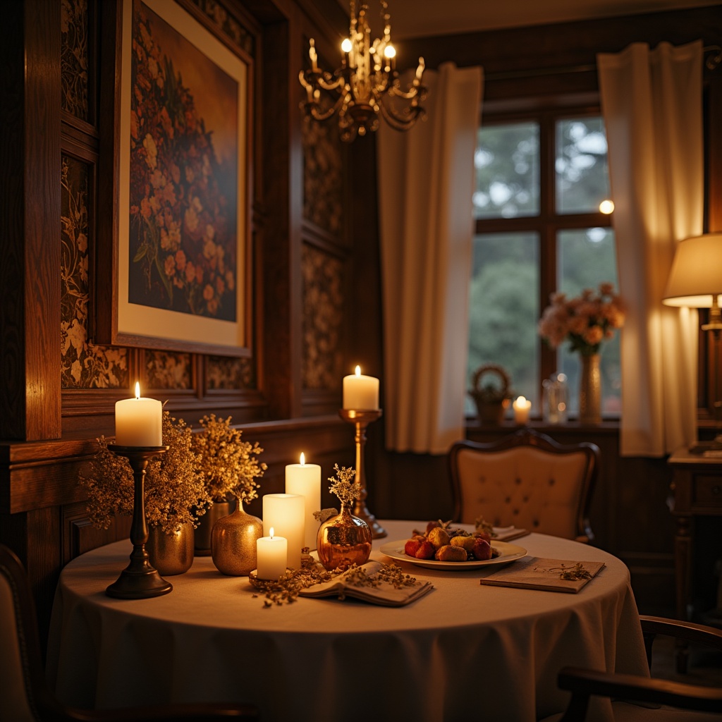 Prompt: Warm candlelit ambiance, soft focus, muted color palette, rich velvety textures, distressed wood accents, ornate gold details, lavish drapery, whimsical florals, pastel hues, gentle misty lighting, dreamy ethereal atmosphere, 1/1 composition, shallow depth of field, warm golden ratio, romantic nostalgic mood.