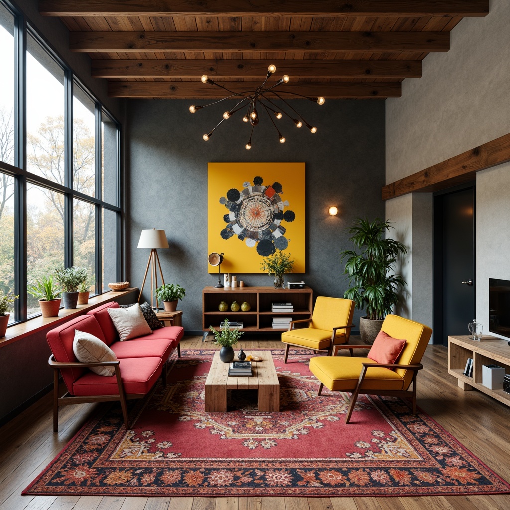 Prompt: Eclectic living room, vintage furniture, bold color schemes, mixed textures, plush area rugs, abstract artwork, industrial metal decor, reclaimed wood accents, modern minimalist coffee tables, cozy reading nooks, floor-to-ceiling windows, natural daylight, soft warm lighting, 1/1 composition, shallow depth of field, realistic reflections, ambient occlusion.