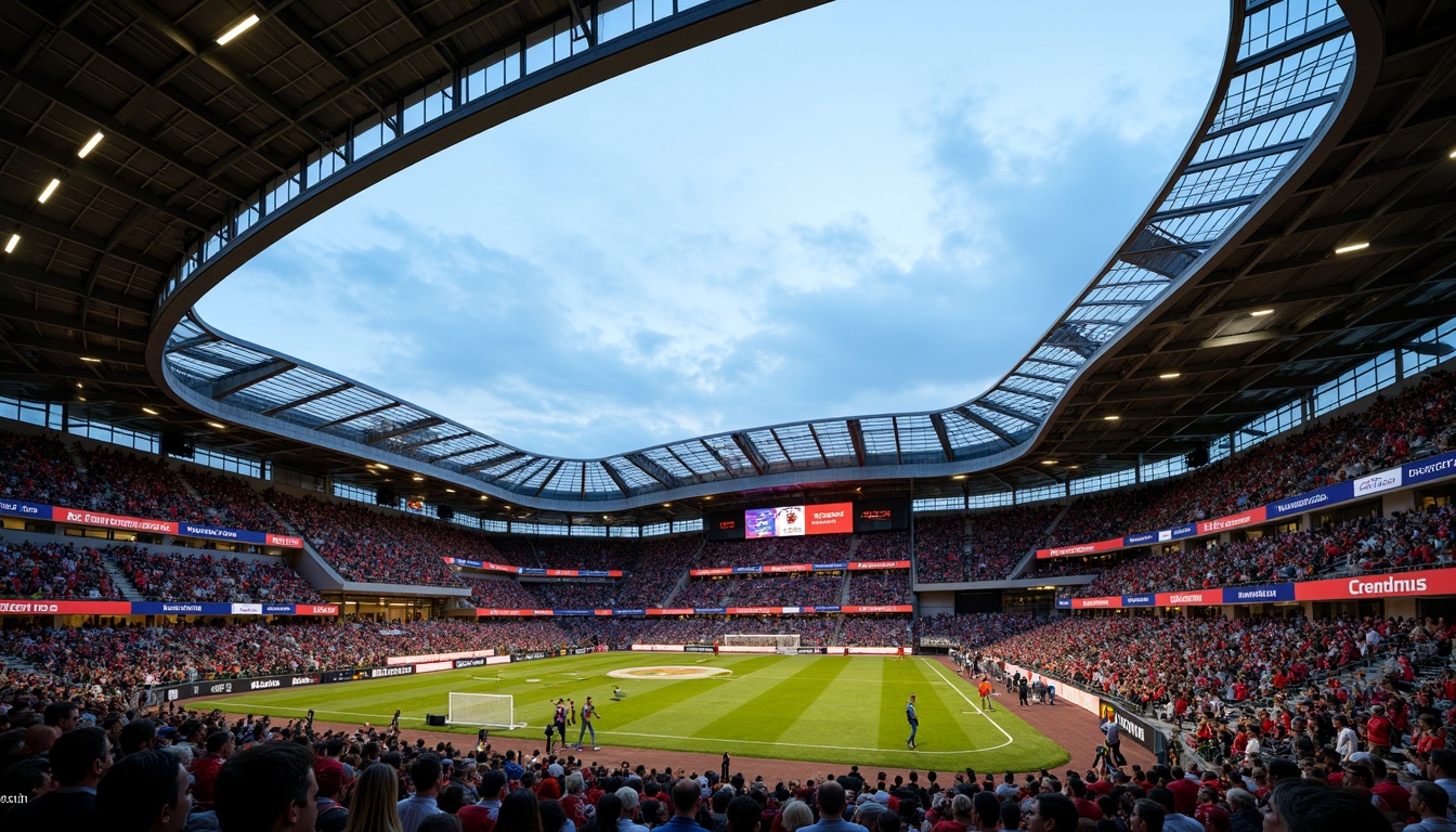 Prompt: Spectator-filled grandstand, curved seating tiers, cantilevered roofs, steel trusses, tensioned cable systems, dramatic arches, bold concrete structures, vibrant team colors, dynamic lighting effects, evening atmosphere, shallow depth of field, 1/2 composition, wide-angle lens, realistic crowd simulation, ambient occlusion.