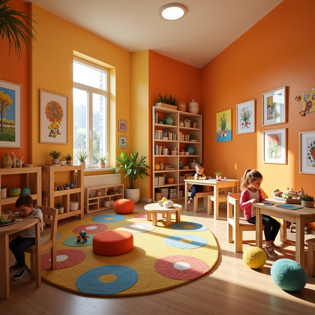 Prompt: Vibrant kindergarten classroom, warm orange walls, playful wooden furniture, colorful educational toys, cheerful circle time rugs, engaging alphabet posters, stimulating sensory play areas, cozy reading nooks, natural wood accents, energetic citrus hues, sunny morning light, soft focus background, 1/1 composition, intimate atmosphere, realistic textures, ambient occlusion.