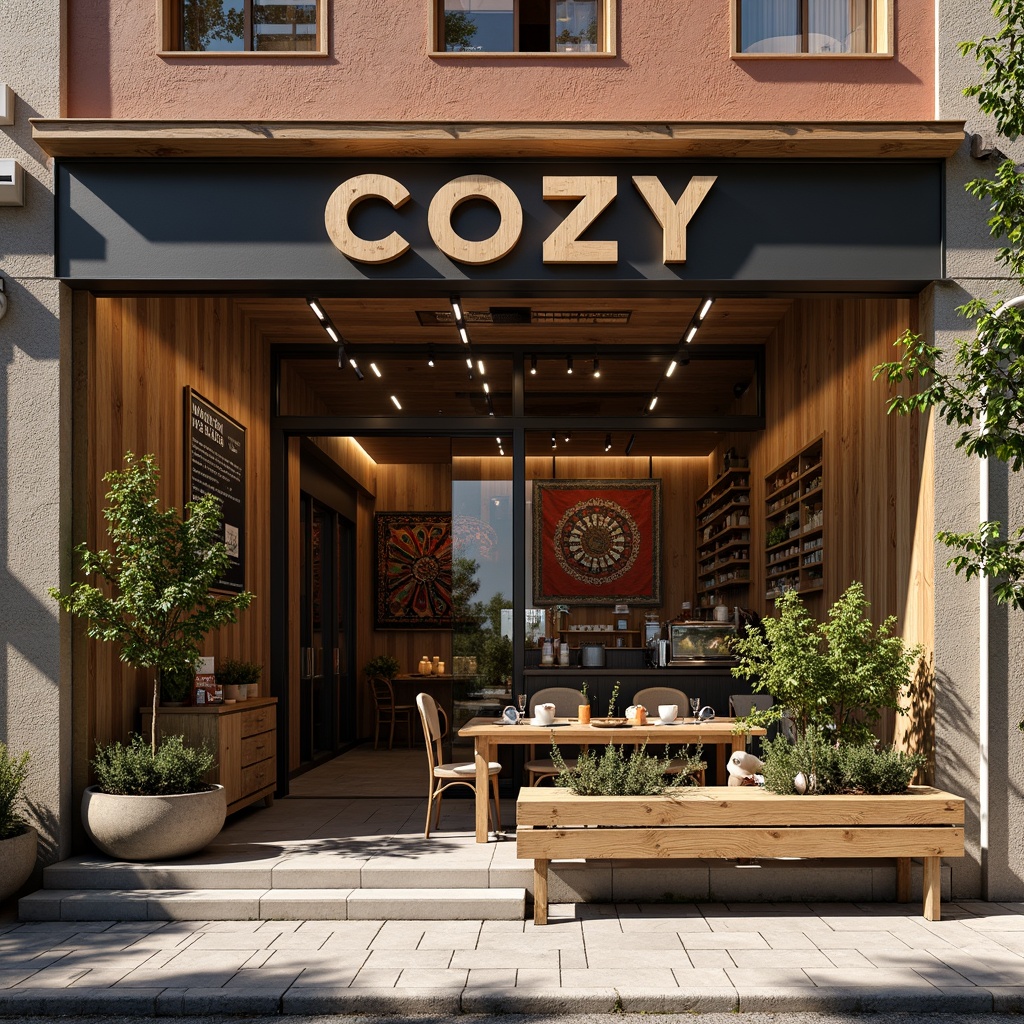 Prompt: Cozy coffee shop facade, rustic wooden accents, earthy color palette, natural stone walls, large glass windows, minimalist signage, industrial metal frames, regional cultural patterns, vibrant textiles, eclectic decorative elements, warm inviting lighting, shallow depth of field, 1/1 composition, realistic textures, ambient occlusion.