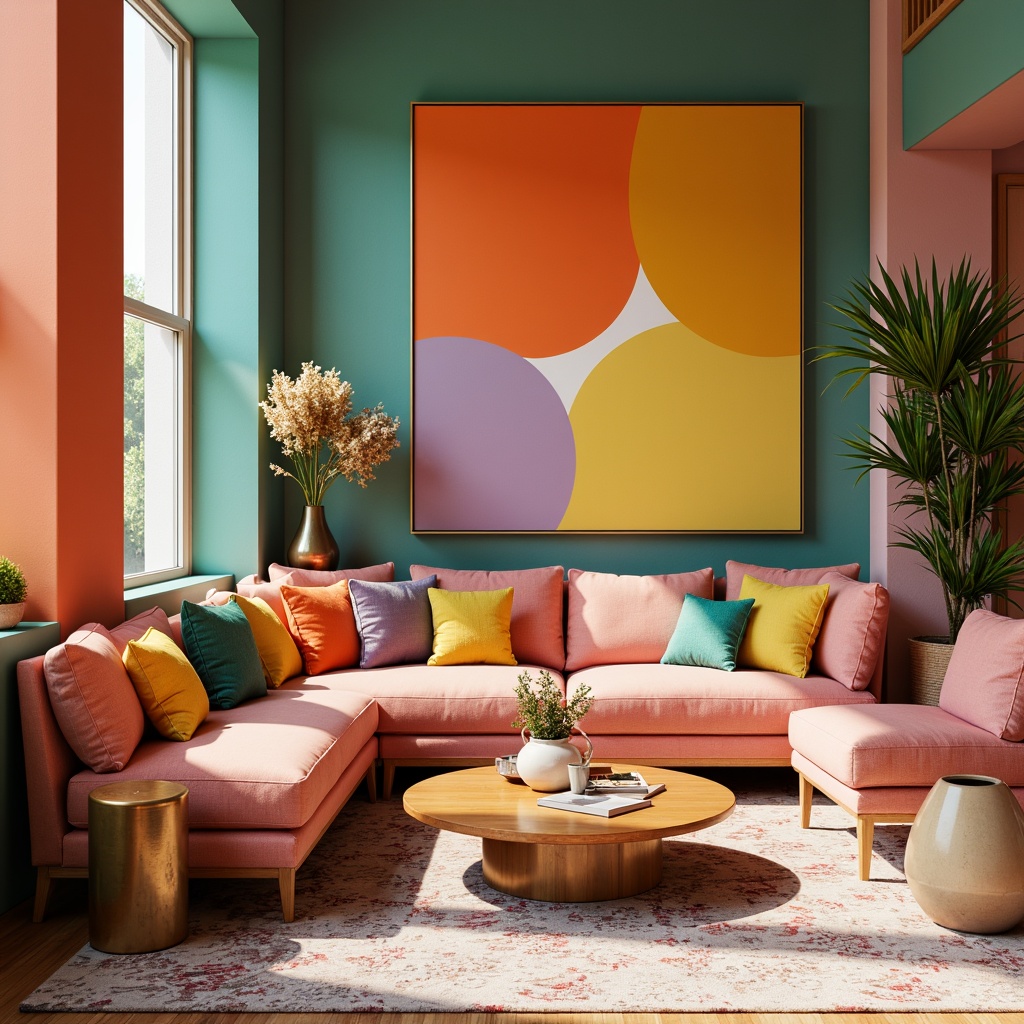 Prompt: Vibrant modern interior, abstract geometric shapes, bold contrasting colors, soft pastel hues, rich jewel tones, metallic accents, natural earthy palette, monochromatic scheme, complementary color harmony, analogous gradient transitions, warm golden lighting, shallow depth of field, 1/1 composition, realistic textures, ambient occlusion.