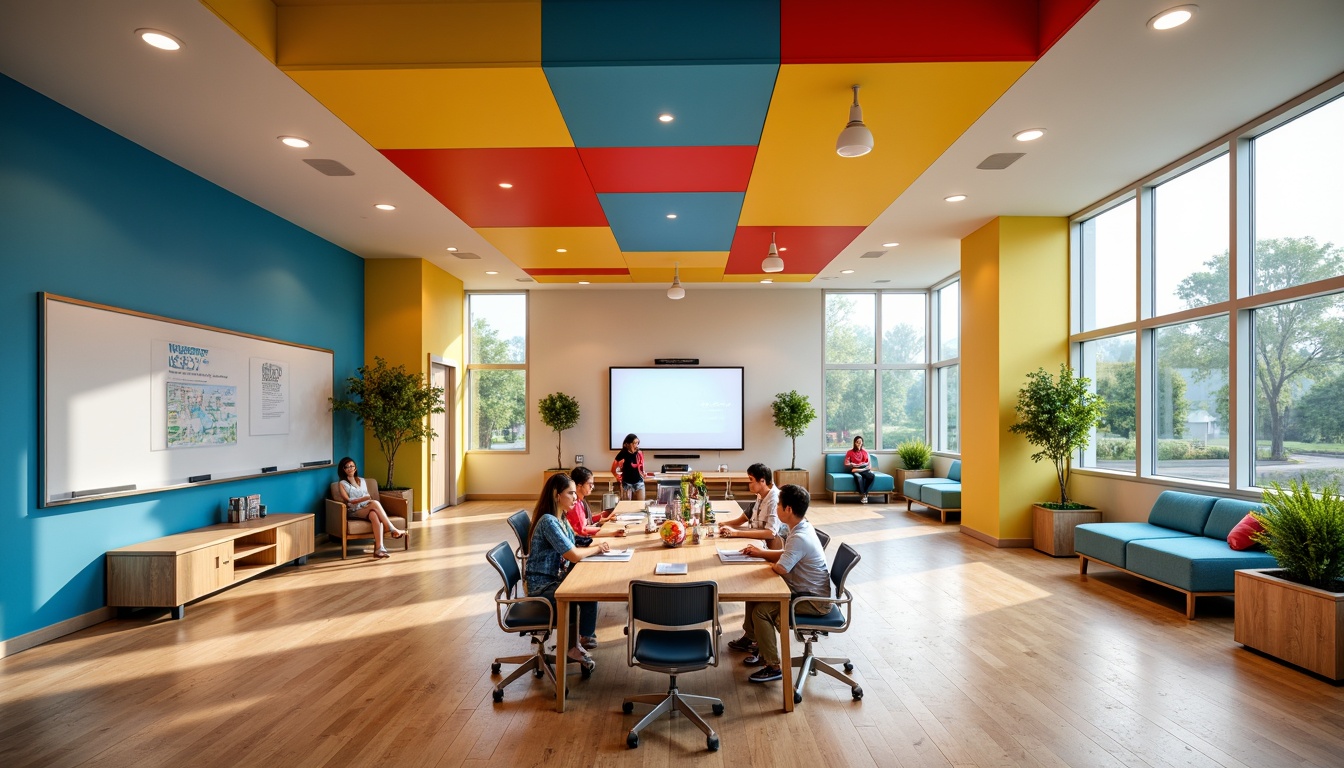 Prompt: Vibrant educational institution, bold color schemes, bright accent walls, playful furniture designs, interactive whiteboards, collaborative learning spaces, ergonomic chairs, natural wood flooring, abundant daylight, softbox lighting, shallow depth of field, 3/4 composition, panoramic view, realistic textures, ambient occlusion.