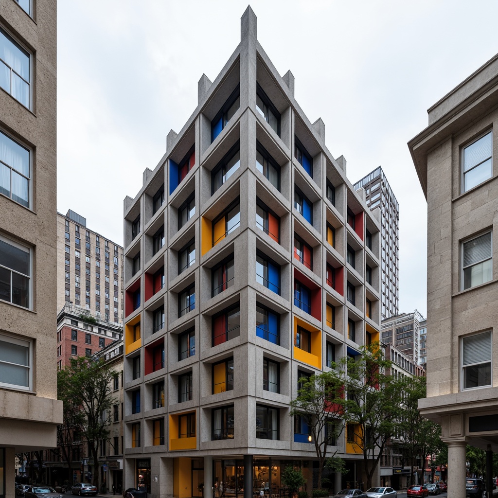 Prompt: Geometric Bauhaus building, asymmetrical fa\u00e7ade, rectangular windows, industrial metal frames, concrete walls, minimalist ornamentation, bold color accents, abstract artistic patterns, functional simplicity, clean lines, geometric shapes, urban cityscape, overcast sky, dramatic shadows, high contrast lighting, 1/1 composition, symmetrical framing, architectural photography, detailed textures, realistic materials.