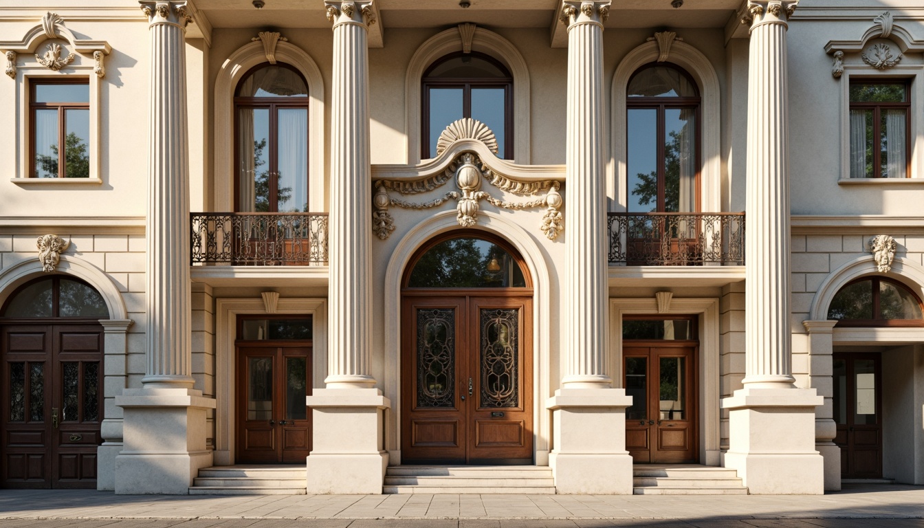 Prompt: Grandiose neoclassical facade, ornate columns, carved stone details, symmetrical composition, grand entrance, heavy wooden doors, intricate metalwork, ornamental balconies, decorative cornices, classical pediments, rusticated base, smooth stone surfaces, creamy white walls, subtle shadow play, warm golden lighting, soft focus, 1/2 composition, shallow depth of field, realistic textures, ambient occlusion.