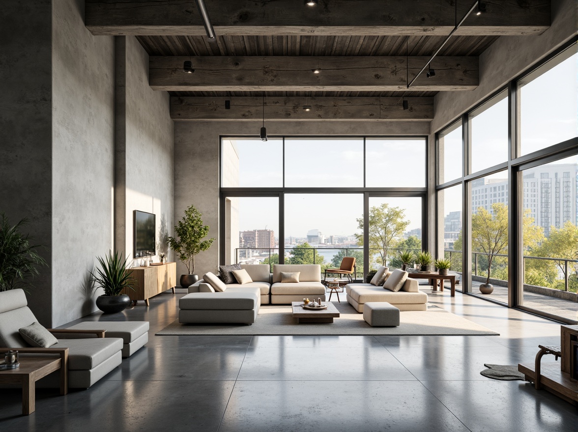 Prompt: Open floor plan, minimalist interior, clean lines, monochromatic color scheme, industrial materials, steel beams, polished concrete floors, geometric shapes, functional furniture, abundant natural light, large windows, sliding glass doors, urban landscape views, modern cityscape, sunny day, soft warm lighting, shallow depth of field, 3/4 composition, panoramic view, realistic textures, ambient occlusion.