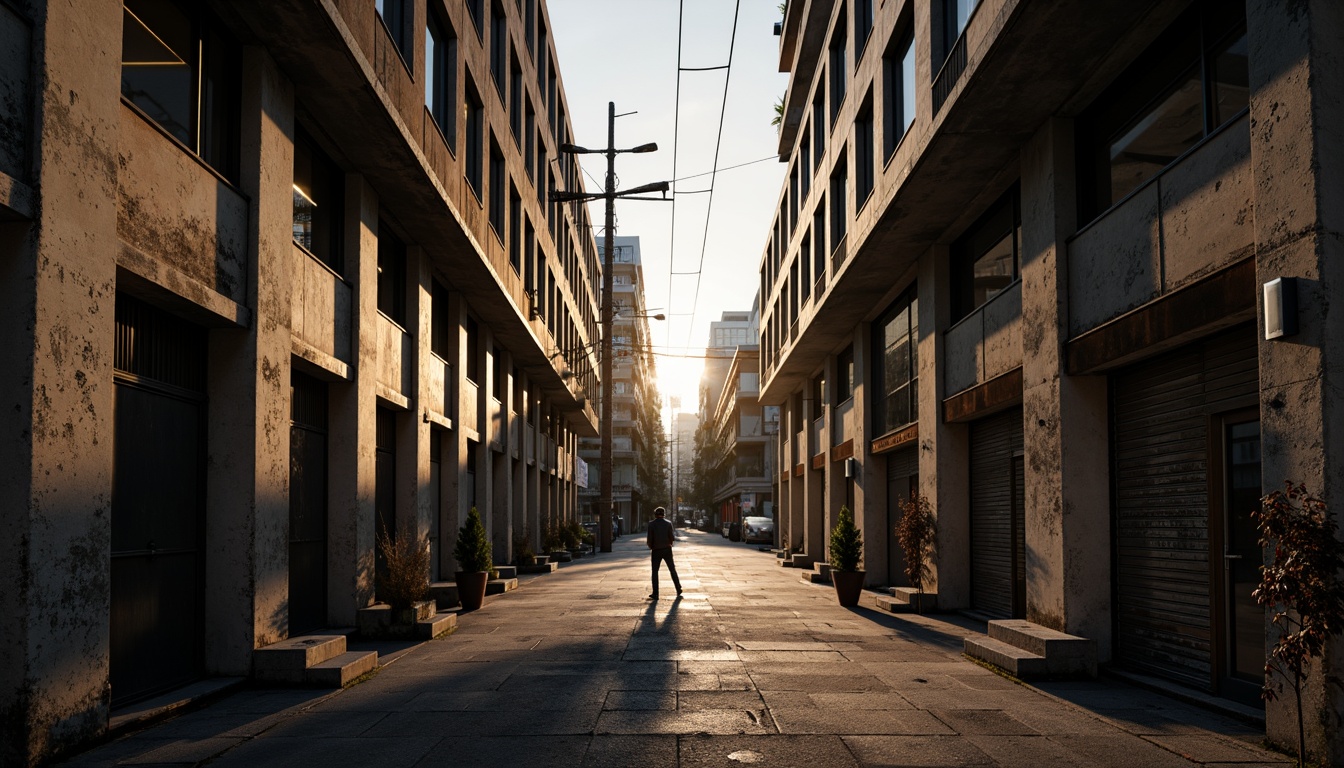 Prompt: Weathered concrete facade, rough stone walls, metallic cladding, rusty steel beams, distressed wood panels, industrial chic aesthetic, urban decay atmosphere, dramatic shadows, high-contrast lighting, cinematic composition, gritty realistic textures, ambient occlusion, mysterious dark alleys, foggy misty morning, warm golden sunlight, 1/2 camera angle, low-angle shot, symmetrical framing.