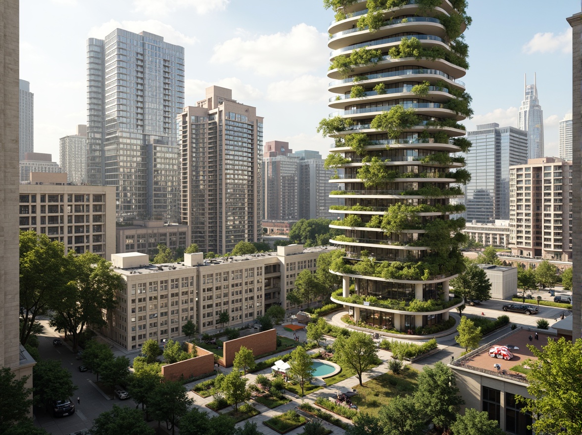 Prompt: Eco-friendly skyscraper, futuristic cityscape, verdant green roofs, solar panels, wind turbines, recycling facilities, minimal waste management, optimized natural lighting, breathable fa\u00e7ades, low-carbon concrete, recycled metal structures, maximized open spaces, airy atriums, abundant natural ventilation, organic urban farming, vibrant street art, dynamic geometric patterns, bold colorful accents, soft warm illumination, shallow depth of field, 1/1 composition, panoramic view, realistic textures, ambient occlusion.