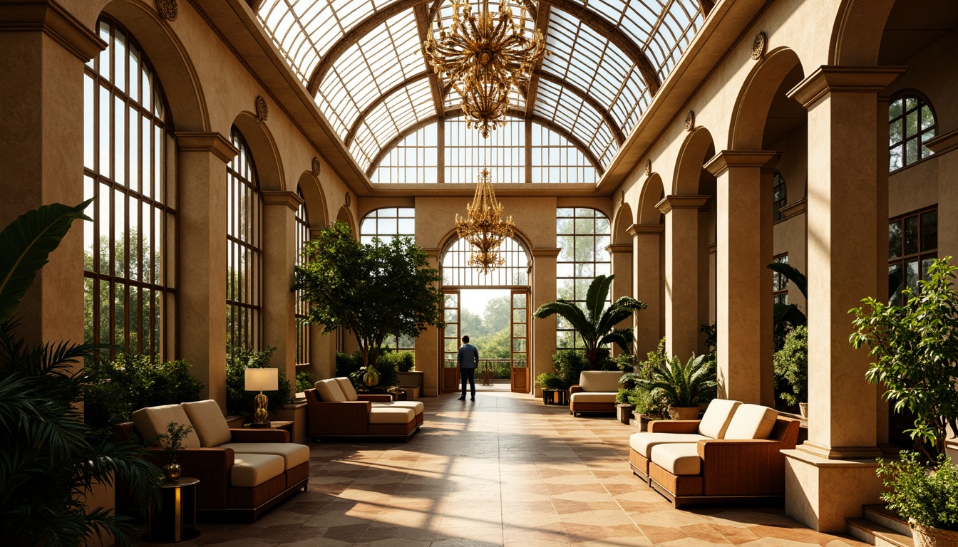 Prompt: Luxurious Art Deco greenhouse, ornate metal framework, stained glass ceilings, lush tropical plants, soft warm lighting, golden accents, geometric patterns, metallic finishes, opulent chandeliers, warm beige walls, polished wooden floors, elegant furnishings, vintage decorative elements, dramatic archways, lavish textiles, sophisticated color palette, warm sunny day, gentle natural light, shallow depth of field, 1/2 composition, romantic ambiance.